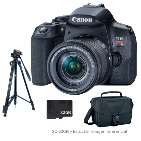 Canon EOS Rebel T8i  DSLR con lente 18-55mm + Estuche + SD32gb + Tripode Canon EOS Rebel T8i  DSLR con lente 18-55mm + Estuche + SD32gb + Tripode
